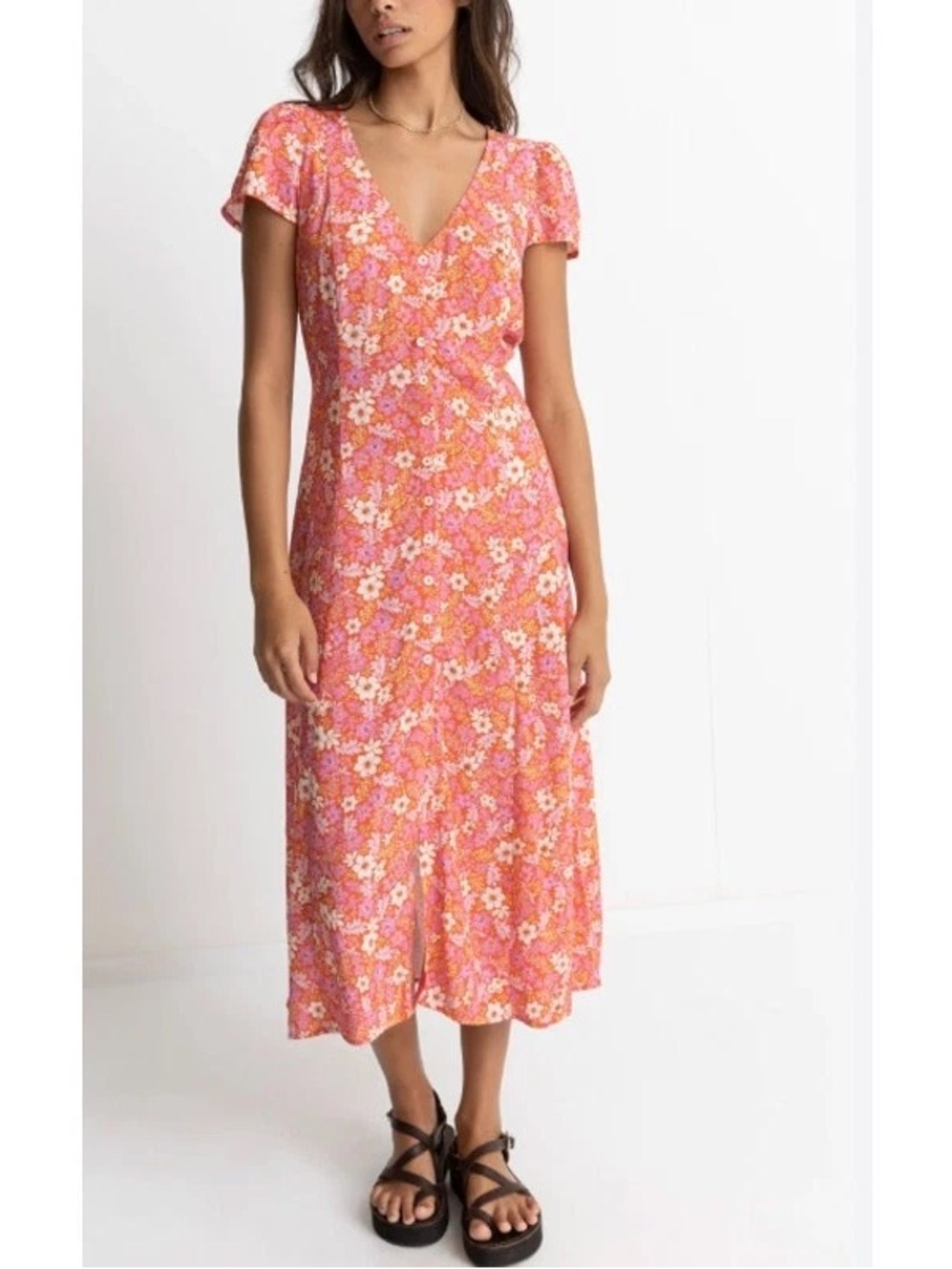 NWT Rhythm Luna coral pink floral cap sleeve button down boho midi dress M